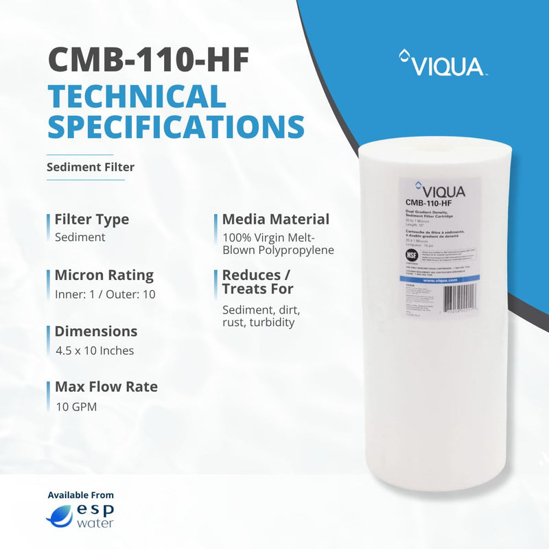 VIQUA CMB-110-HF 1 Micron High Flow Sediment Water Filter 4.5 x 10 Inches, Universal 10-Inch Whole House Water Filter Housing, Reduces Sediment, Rust, Dirt, and Protects UV Systems | Cartridge for Whole House Water Filter Treatment, Enhances UV System ...