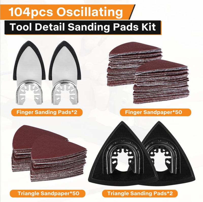 104pcs Oscillating Tool Sanding Pad, Detachable Rigid Multitool Sandpaper, Include Triangle & Finger Sanding, 60/80/120/180/240 Grit Sandpaper with High-Velour Backing Detail Sanding Pads Kit