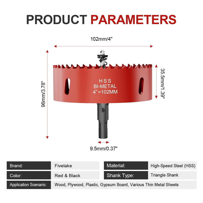 4 Inch Hole Saw - 102mm M42 HSS Bi-Metal Hole Cutter, Triangular Shank Hole Saw Drill Bit with Spring, Hole Saw Tools for Wood, Plywood, Plastic, Gypsum Board, Various Thin Metal Sheets 4"(102mm)