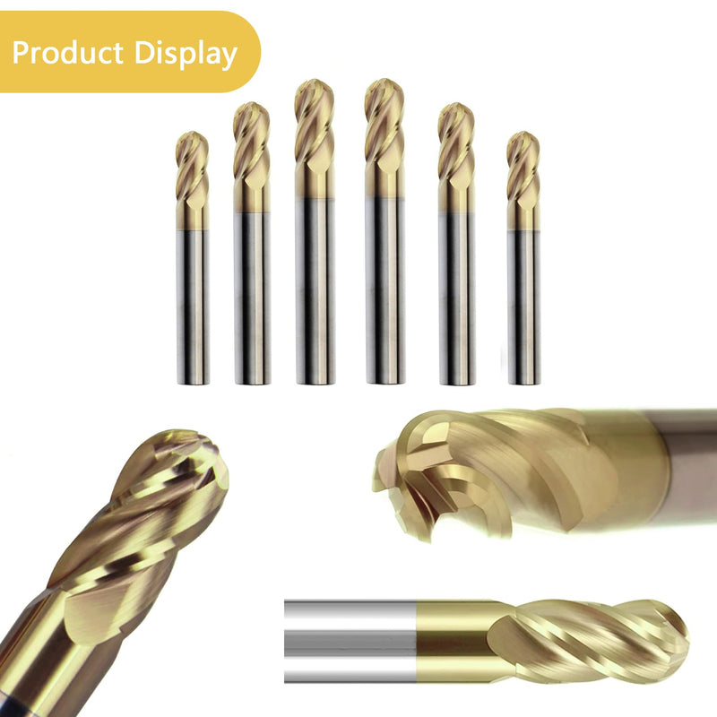 3/8" Solid Carbide Ball Nose End Mill 4Flute End Mill Bits Set with ZrN Coated for Alloy Steels, Hardened Steels 3/8 inch ZrN Coating