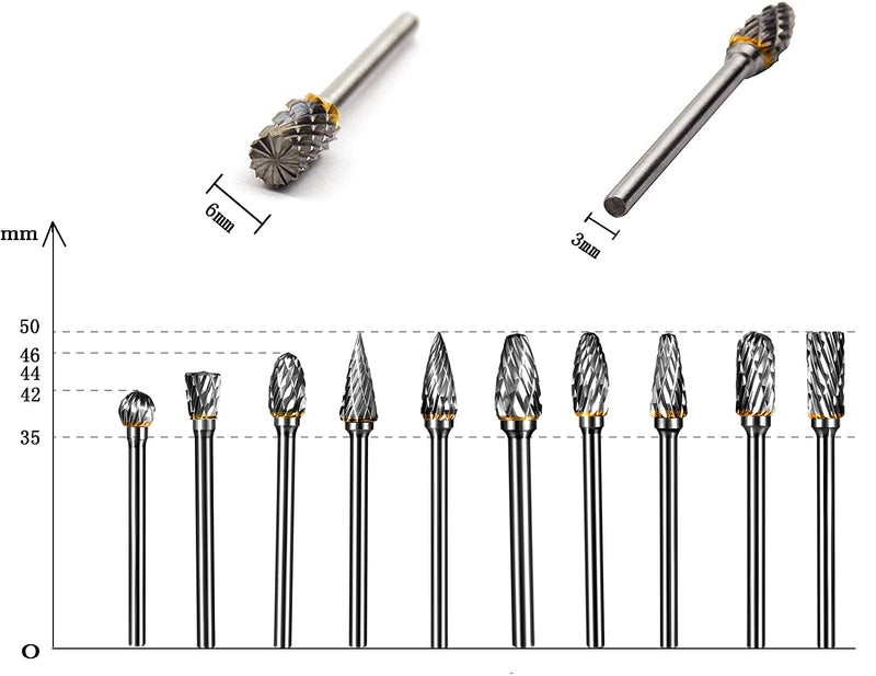 10 Pieces Tungsten Carbide Double Cut Rotary Burr Set with 3 mm (1/8 Inch) Shank and 6 mm (1/4 Inch) Head Size
