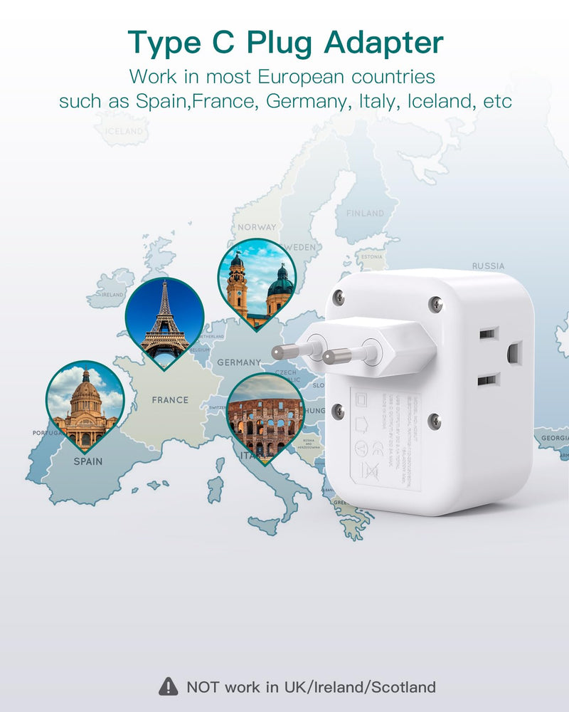 European Travel Plug Adapter, Addtam International Power Adapter with 3 Outlets 3 USB Charging Ports(2 USB C), Type C Adapter Travel Essentials to Most Europe EU Spain Italy France