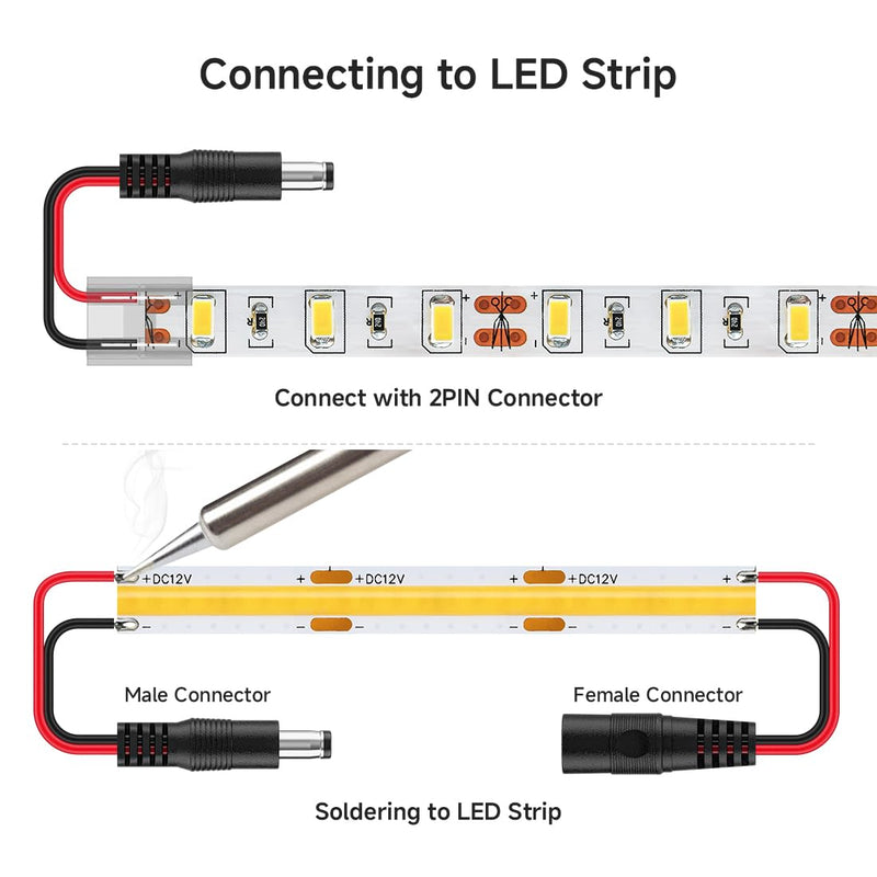 BTF-LIGHTING 10 Pairs 2 Pin 5.5mm x 2.1mm Male/Female 15cm 20AWG Wire DC Power Pigtail Cable Connector Plug for 2PIN FCOB COB LED Strip Light 2PIN DC