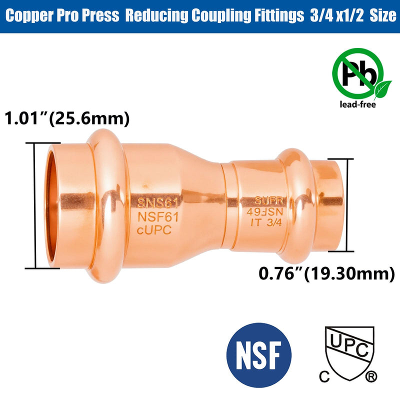 WHK 10 PKS 3/4" x 1/2" Pro Press Copper Reducing Coupling Adater Fittings