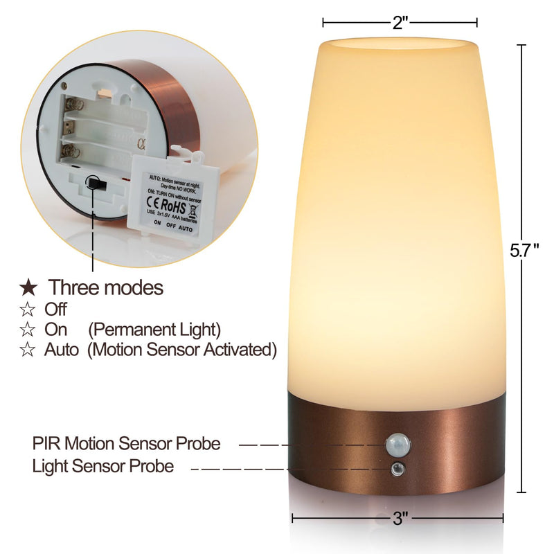 Betus Motion Sensor Night Light, Battery Operated Lamp with 2 Sensored Modes - Retro Bedside Table Desk Lamp with Soft Ambient Light for Bedroom, Living Room, Kitchen Kids Room
