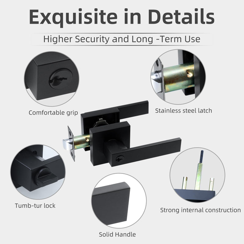 JO.KO Entry Door Lock Set, Square Door Lever for Bedroom, Passage Door Privacy Locking Interior/Exterior Entry Door Knob/Heavy Duty 1 Pack Matte Black