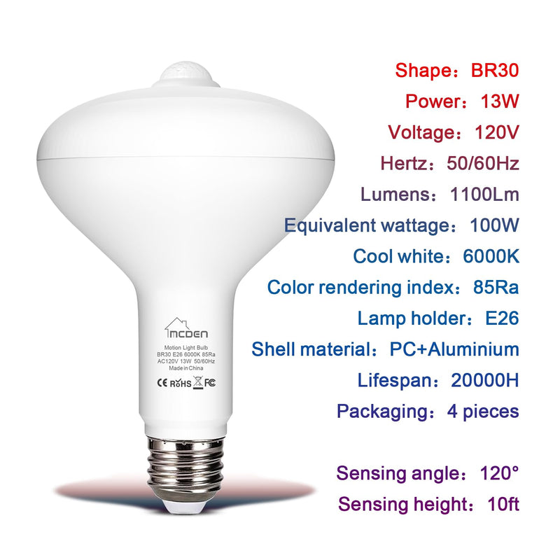 McDen Motion Sensor Light Bulb, BR30 13W Equivalent 100W 6000K Daylight, Indoor Motion Activation Detector Light Bulb, E26 Base Dusk to Dawn Security Night Light. 4 Packs BR30-13W