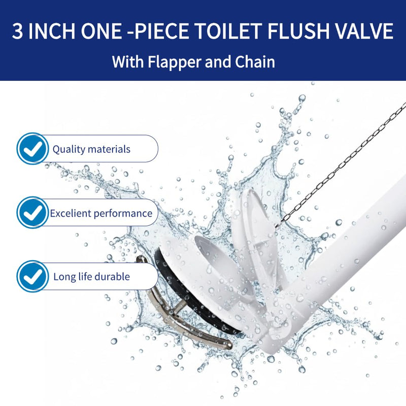 Toilet Flush Valve Assembly for One-Piece Toilets with Flapper and Chain 3-Inch Replacement Parts, Repair Kit, Easy Install. 3-Inch Diameter Drain Hole
