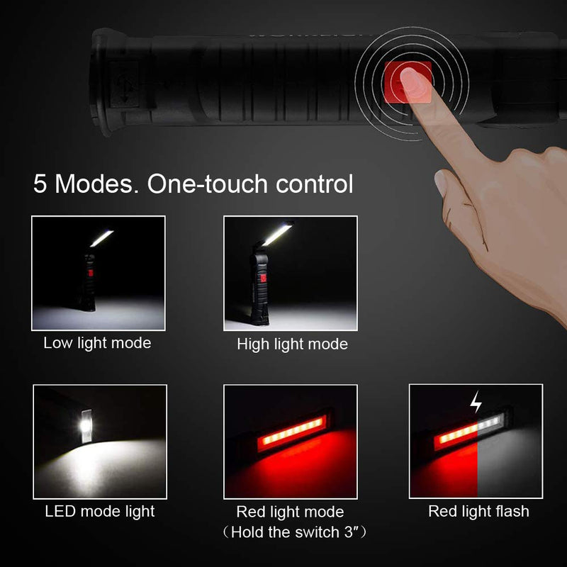 2Pack LED Work Lights, USB Rechargeable COB Light with Magnetic Base 360°Rotate and 5 Modes, Folding Flashlight Inspection Mechanic Light for Car Repairing, Workshop, Household and Emergency Use,Large 2Pack Black