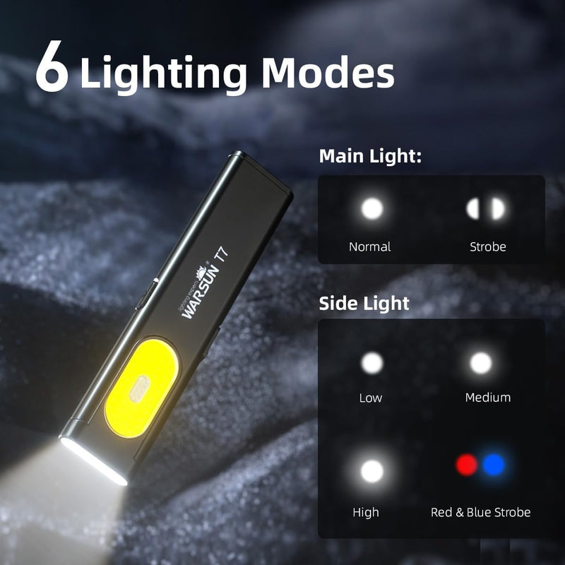 WARSUN Compact Multi-Mode Pocket LED Flashlight - 675LM, USB-C Rechargeable, IPX4, Dual Material, Red/Blue Strobe, for Everyday Carry & Travel 1