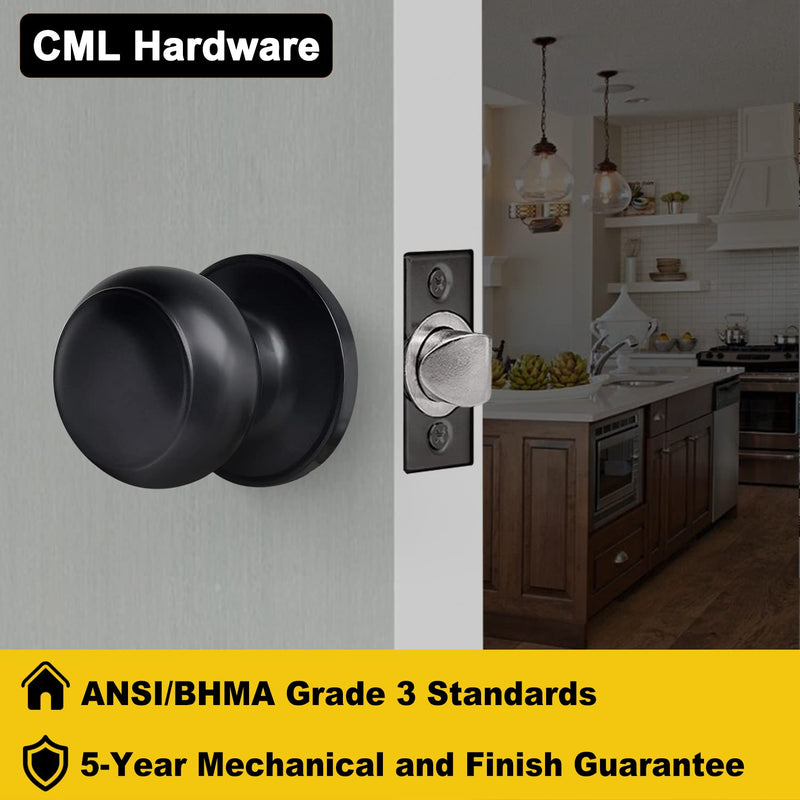 CML Hardware (4 Pack) Passage Door Knob, Matte Black Interior Door Lock Set for Hallway or Closet, No Locking, Round Ball Handle 4 Pack Passage Knob