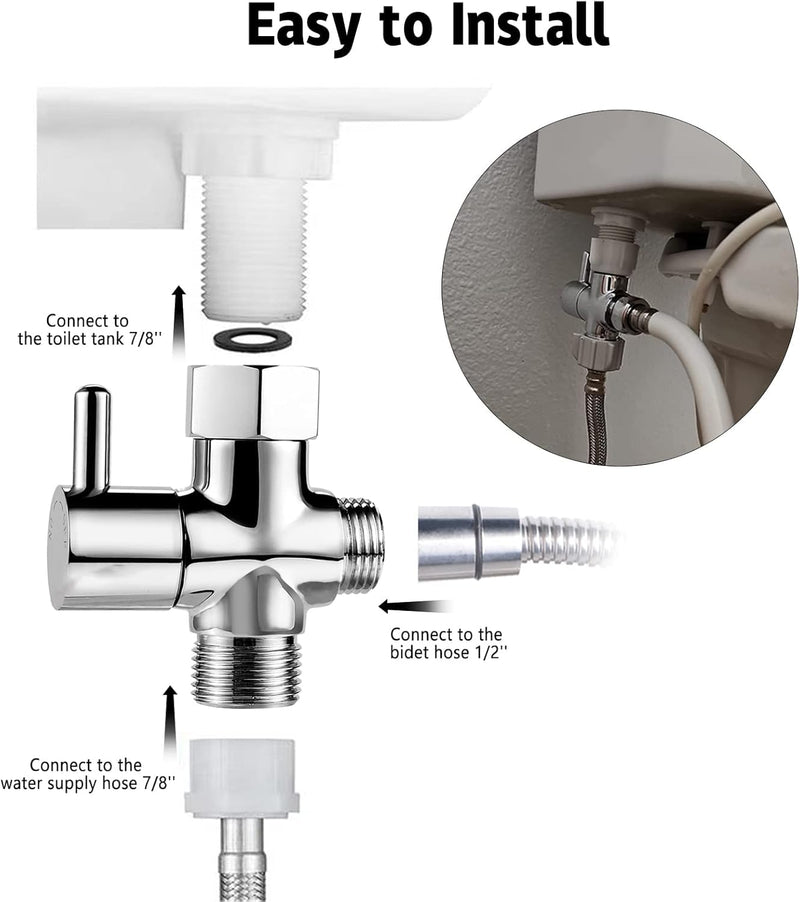 Bidet T Adapter with Shut-off Valve: 3 Way Brass T-valve for Bidet 7/8”X 7/8”X 1/2” - Tee Connector Leakproof Adjust Water Pressure Toilet Attachment Bathroom Installation Metal