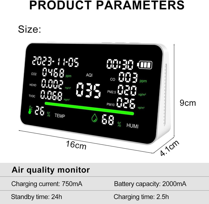 11-in-1 Air Quality Monitor, Indoor CO2/VOC/AQI/PM2.5/Thermometer/Humidity Monitor, Portable Smart Air Quality Meters, Air Quality Tester for Home Office Outdoor, Battery Powered (Black) Black