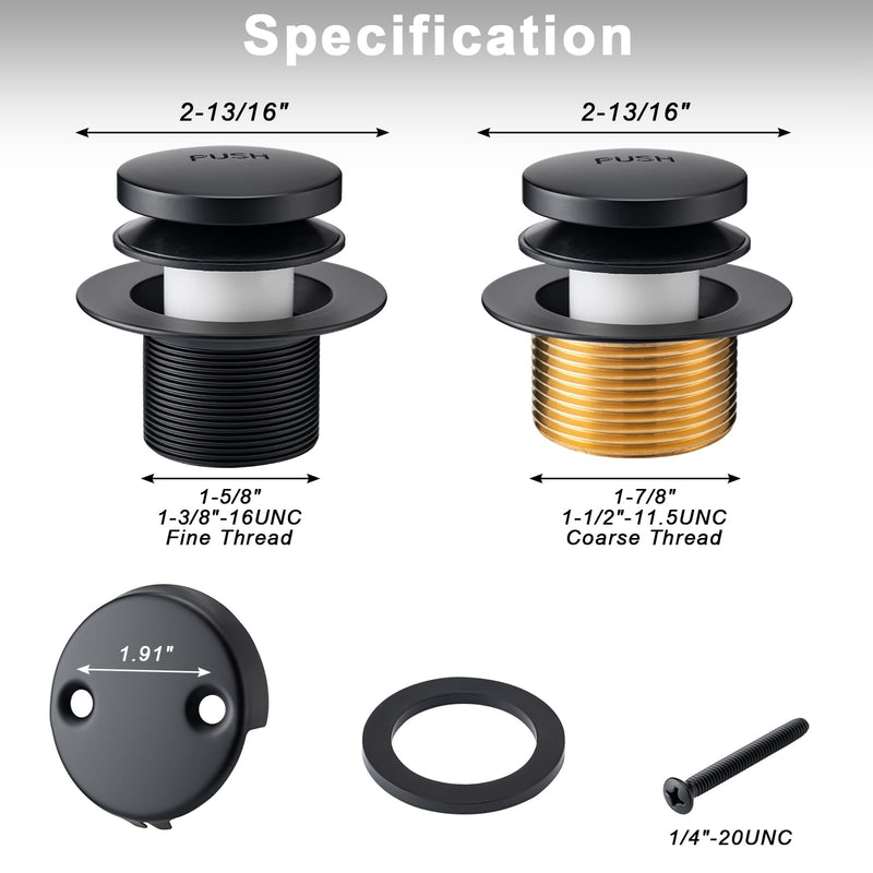 BOOMIBOO Bathtub Drain Tip-Toe Trim Set with Two-Hole Overflow Faceplate, Bath Tub Drains Conversion Kit with Universal Fine/Coarse Thread, Replacement Bathtub Drain Stopper Assembly, Matte Black