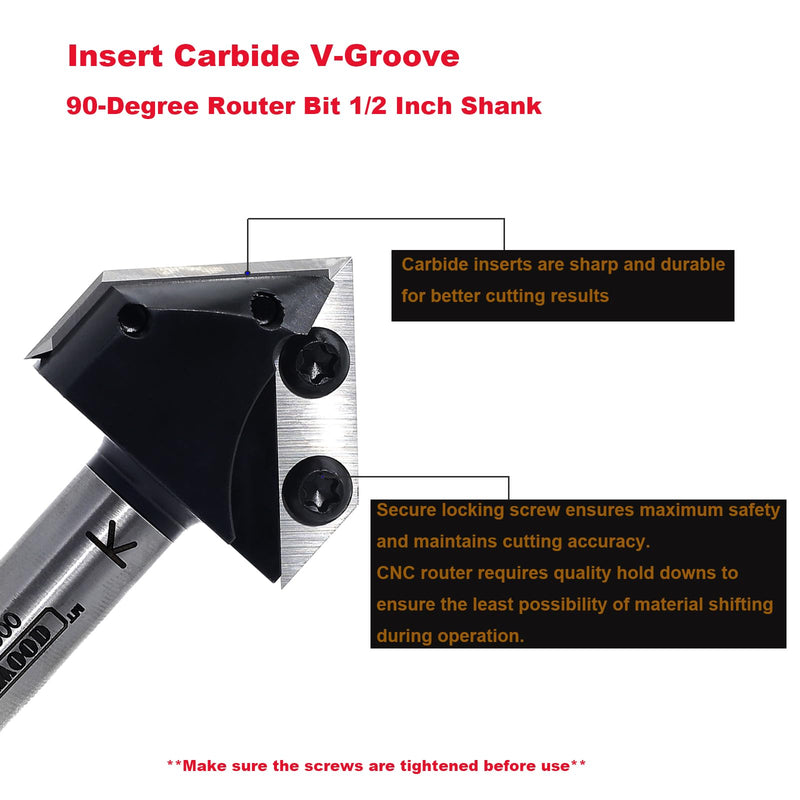 Insert Carbide V-Groove 90-Degree Router Bit 1/2 Inch Shank, Replacement Blade V Grooving CNC Router Bits, for Wood 2D/3D Signmaking, Lettering & Engraving, by SICWOOD 90° 1/2shank