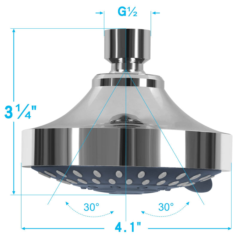 Aisoso Shower Head High Pressure Rain Fixed Showerhead 5-Setting with Adjustable Metal Swivel Ball Joint - Relaxed Shower Experience Even at Low Water Flow & Pressure 4.1 Inch Chrome