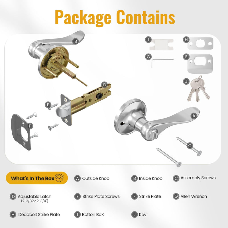 HOSOM 2-Pack Entry Door Lever Handles with Lock & Key, Wave Style Lever Handles, Satin Nickel Finish for Modern Entrance Doors 2 Pack
