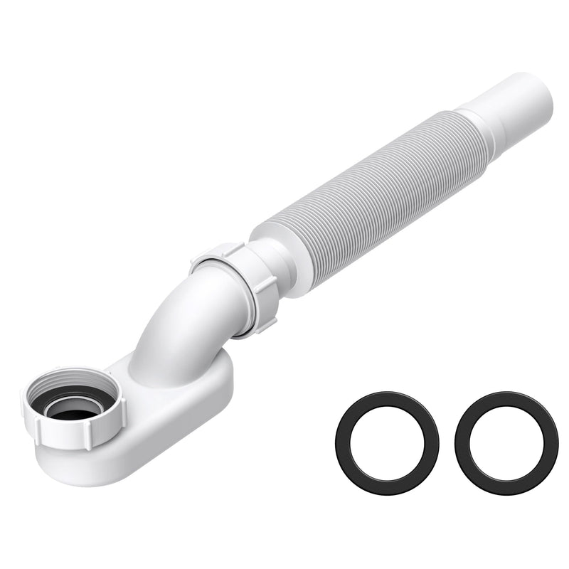 Xendywasher Low Profile P Trap for Freestanding Tub Drain, 1-1/2 Inch Flexible Bathtub Drain Pipe Kit, Expandable & Bendable Waste Pipe for Tight Spaces, RV Shower and Tub Drain Assembly Replacement Polypropylene White