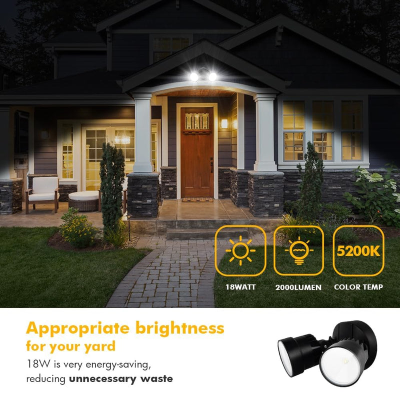LUTEC P6221B 2000 Lumen 18 Watt LED Dual-Head Floodlight Outdoor, Switch Controlled Waterproof Exterior Security Wall Light for Patio, Garden,Yard-Black 1 Pack Black