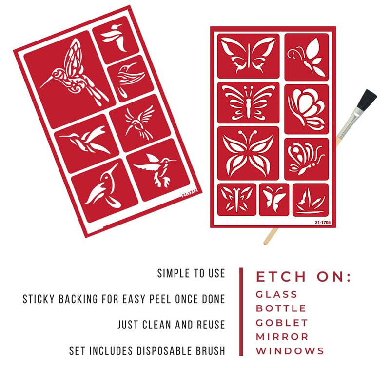2 Reusable Glass Etching Stencils Set - Hummingbird, Butterfly Themed Etch Stencil - Set Includes Brush, Total 3 Items