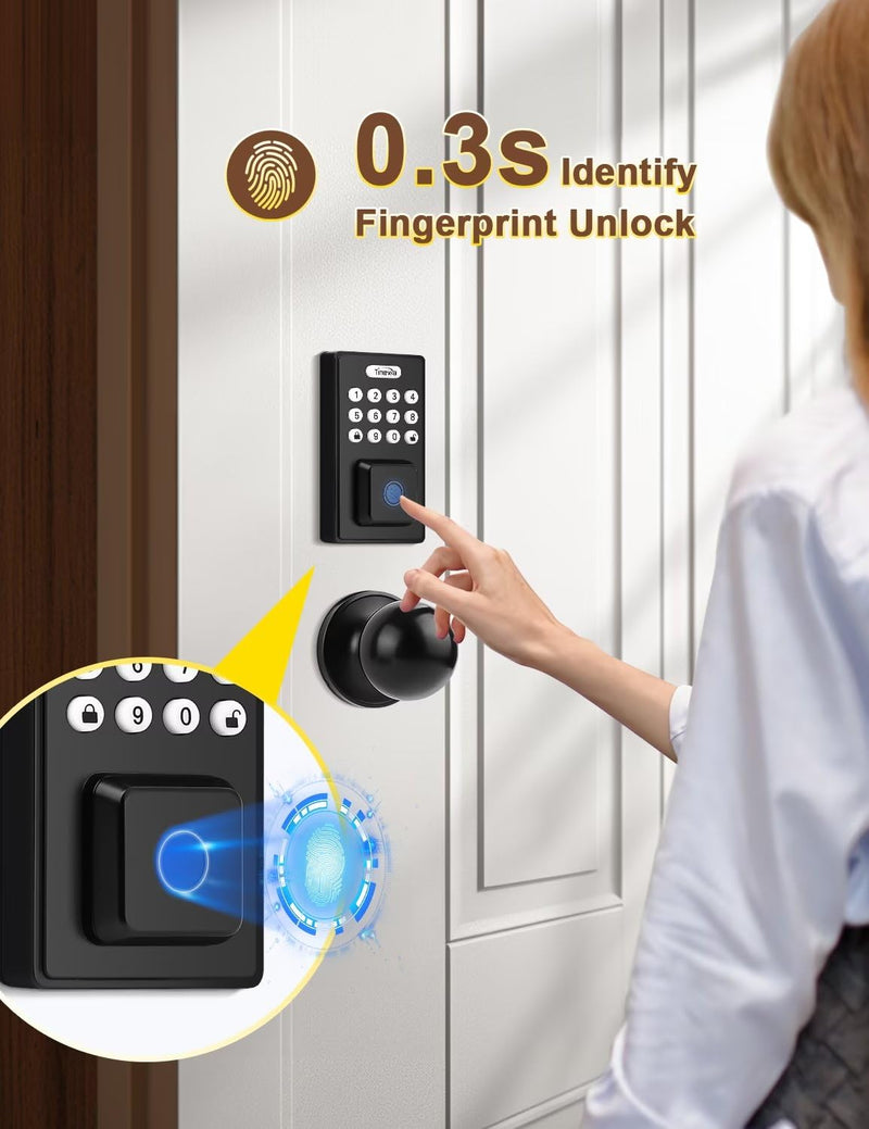 Keyless Entry Door Lock with Door Knobs, Fingerprint Entry Door Handleset, Electronic Digital Keypad Deadbolt with App, Auto Lock & One Touch Locking, Front Smart Door Handle Sets, Black Jet black