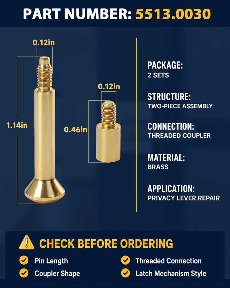 2Pack 5513.0030 Privacy Pin Assembly Compatible with Baldwin Estate Lever Privacy Latches, Solid Brass Push Pin and Threaded Coupler for Bedroom Bathroom Door Handles