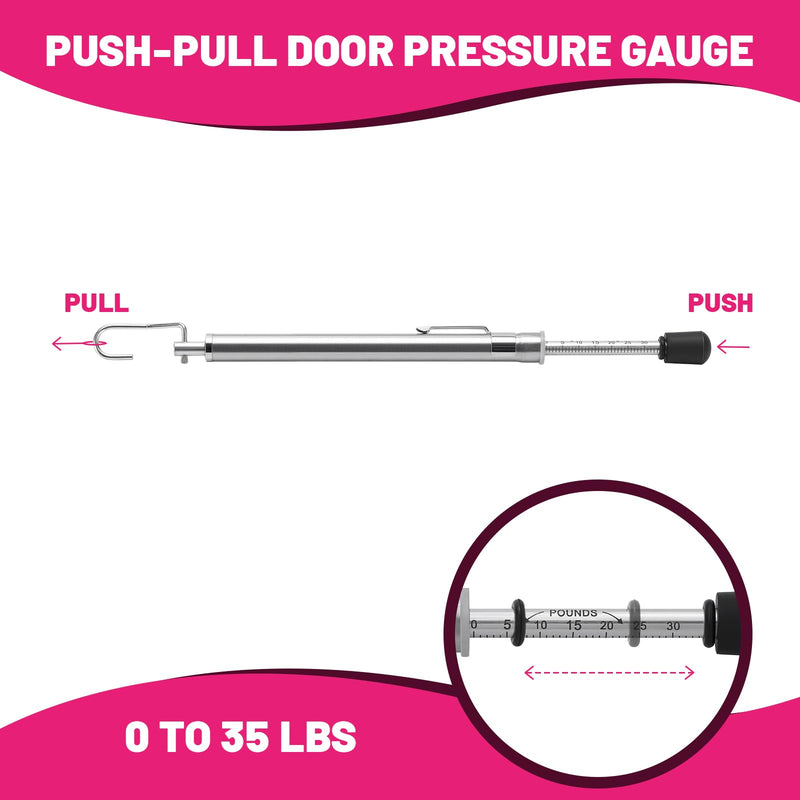Push-Pull Door Pressure Gauge, 0-35LBS/16KG, ADA & Fire Code Compliant, Stainless Steel Body with Zinc-Plated Scale, 5% Accuracy