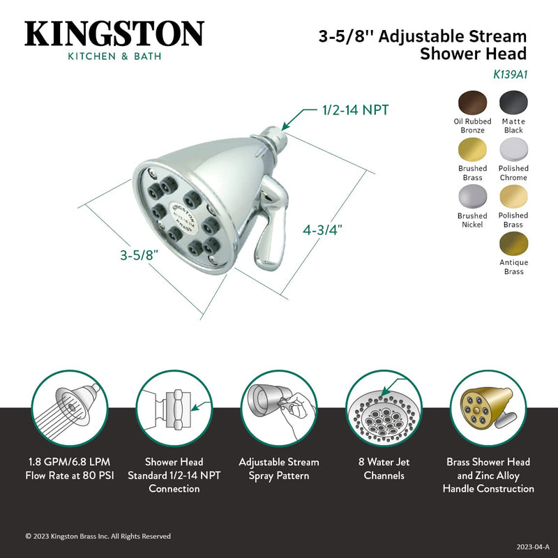 Kingston K139A0MB Adjustable Jet Spray Brass Shower Head, Matte Black 3.63 x 3.63 x 4.75