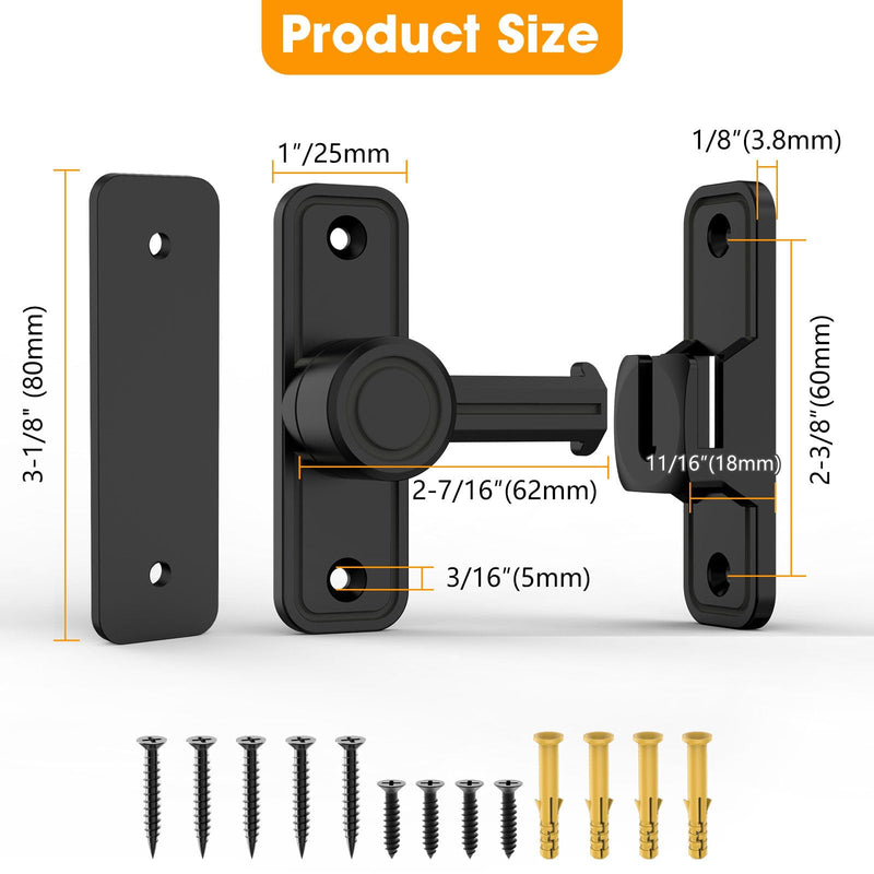 Sliding Barn Door Lock Hardware, 90 Degree Locks for Barn Doors, Flip Gate Latches for Garden, Bathroom, Outdoor, Garage, Window (2 Pack-Black) 2 Pack-Black