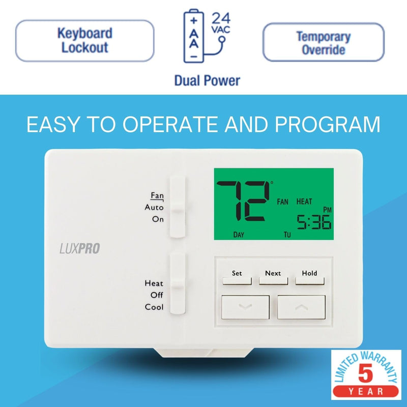 Lux Pro P711 Programmable 7 Day Thermostat for Home Use; 1 Heat, 1 Cool