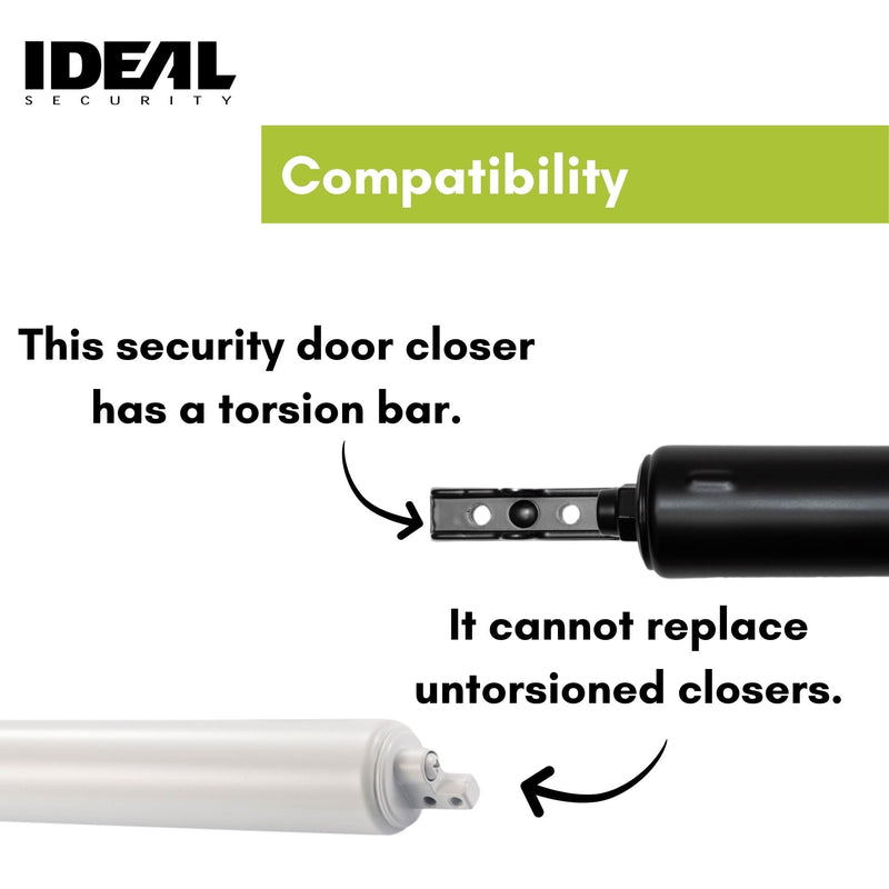 Ideal Security Model 8160 Heavy-Duty Pneumatic Storm Door Closer with Torsion Bar and Wind Chain, 10.5" L x 1.5" W, Adjustable Speed, Secure Closing, Black