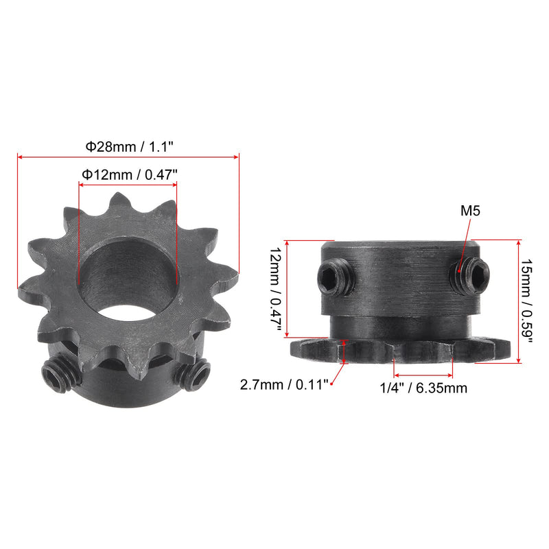 uxcell 12 Tooth Roller Sprocket B Type, #25 Chain, Single Strand 1/4" Pitch, 12mm Bore Black Oxide C45 Carbon Steel with Set Screws for ISO 04C