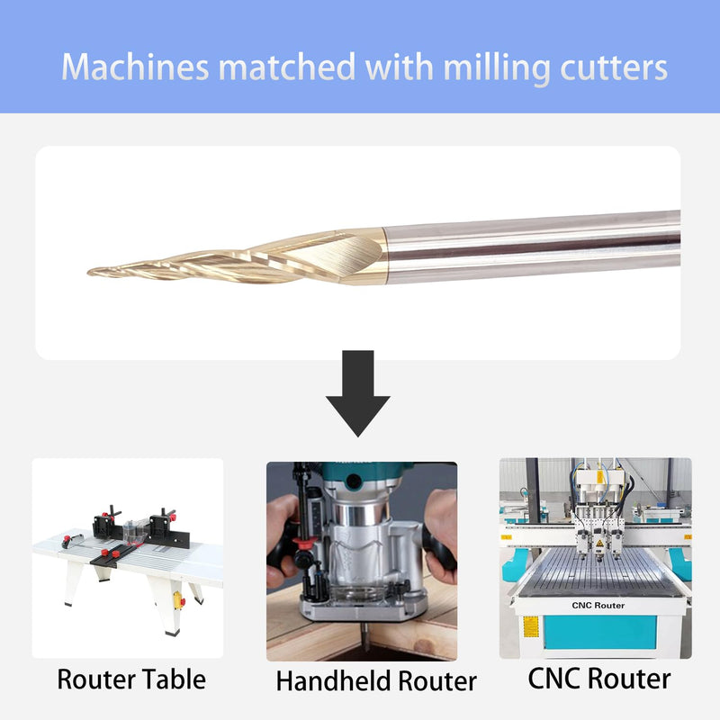 2PCS Tapered Ball Nose End Mills 1/4" Shank, 1/32" Cutting Diameter, 6.2 Degree, Solid Carbide CNC Router Bits wiith ZRN Coated for 2D/3D Milling Engraving Carving BRB462 6.2 Deg 1/32" CD x 1" CL x 1/4" SD x 3" OL 2