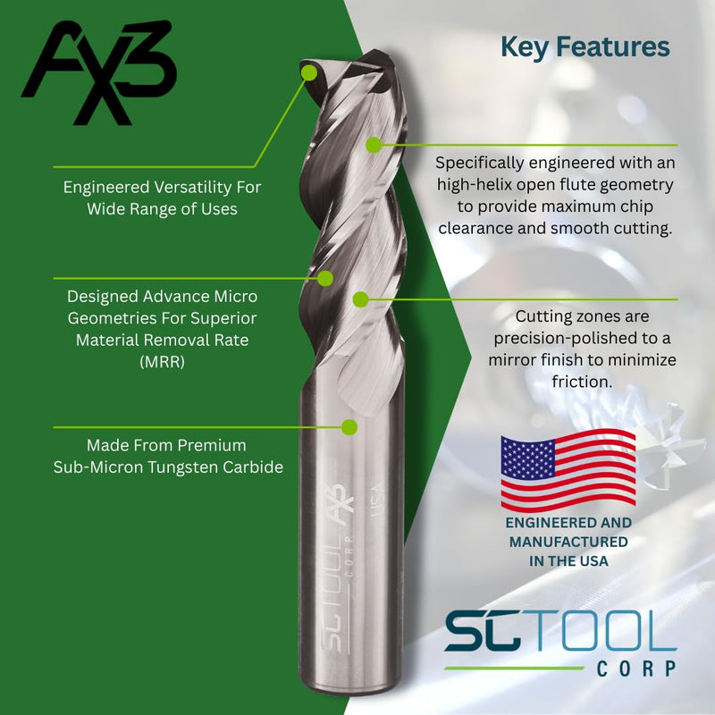 SCT10145 AX3 3-Flute, 1/4" Diameter, 3/4" Cutting Length, .060" Corner Radius, Center Cutting, 2.5" OAL, Un-Coated, 1/4" Shank Dia., High-Performance Aluminum & Non-Ferrous Machining SCT10145 (0.060" CR x 0.750" LOC)