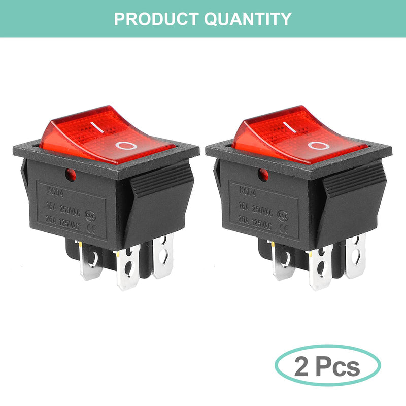 QTEATAK 2Pcs AC 20A/125V 15A/250V DPST 4 Pins 2 Position ON/Off Boat Rocker Toggle Switch with Red LED Light AC 16A/250V 20A/125V