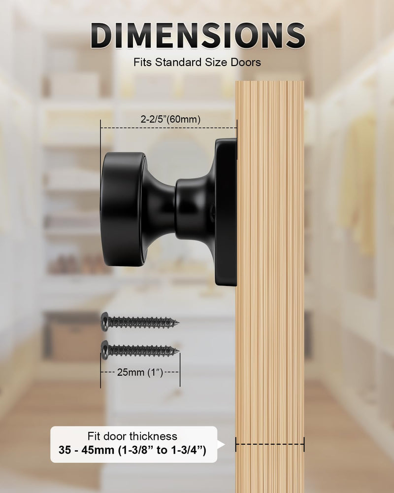 Probrico Matte Black Dummy Door Knobs Interior, Single Sided Dummy Door Handles for Closet 2 Pack, Standard Size Non-Turning Interior Flat Ball Knob Push/Pull Door Knob