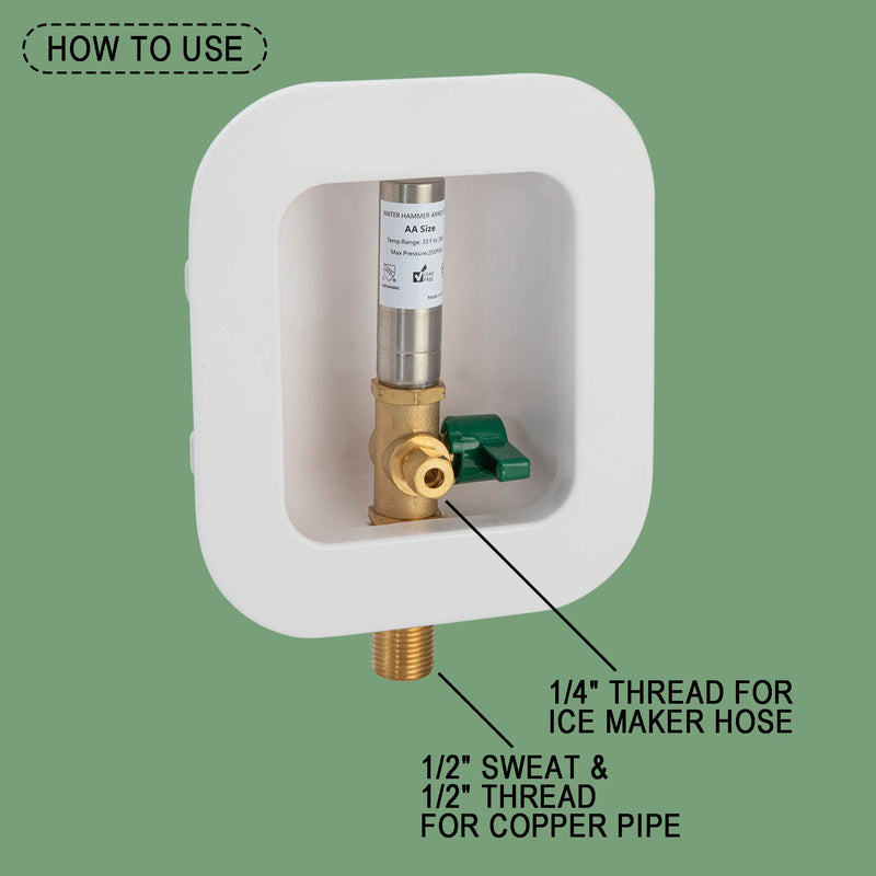 [1 Piece] Lingmfg Ice Maker Outlet Box Sweat Thread with Hammer Arrestor, 1/2 inch Thread, 1/2 inch Copper Sweat, Connection 1/4 Inch Ice Maker Hose, Water Valve Box Inlet Compression Cover Old Work Sweat & Thread, SS Hammer Arrestor - NewNest Australia