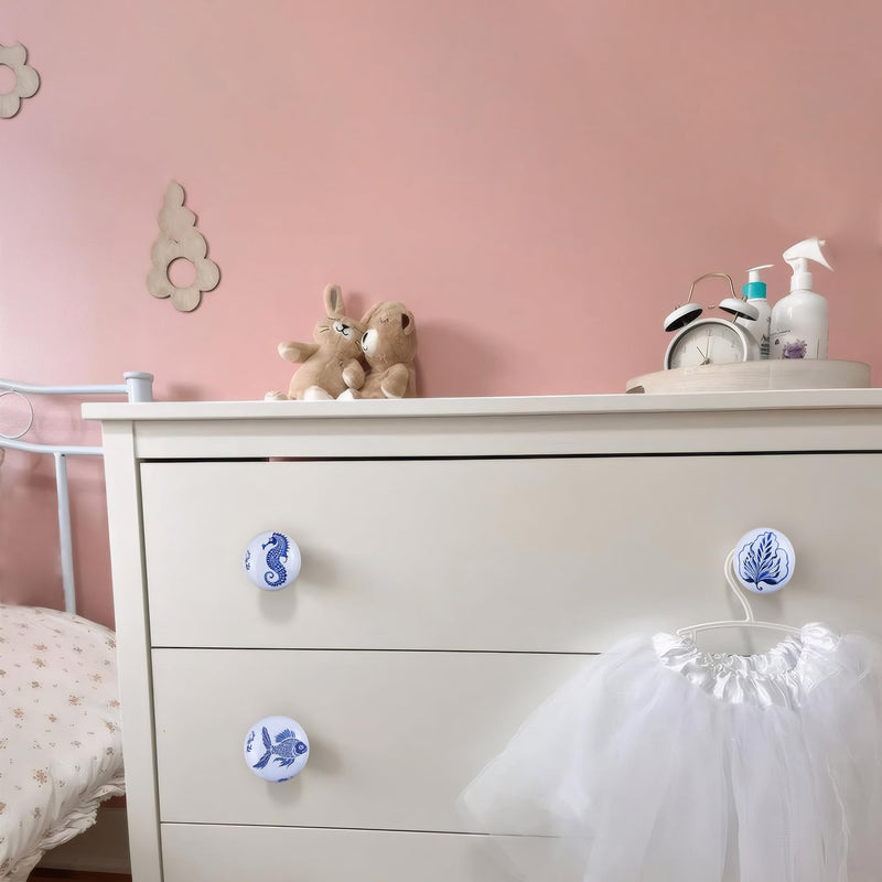 6PCS1.49Inch Coastal Beach Cabinet Themed Nautical Kids Ceramic Drawer Knobs and Handles Pulls Nursery Dresser Knobs