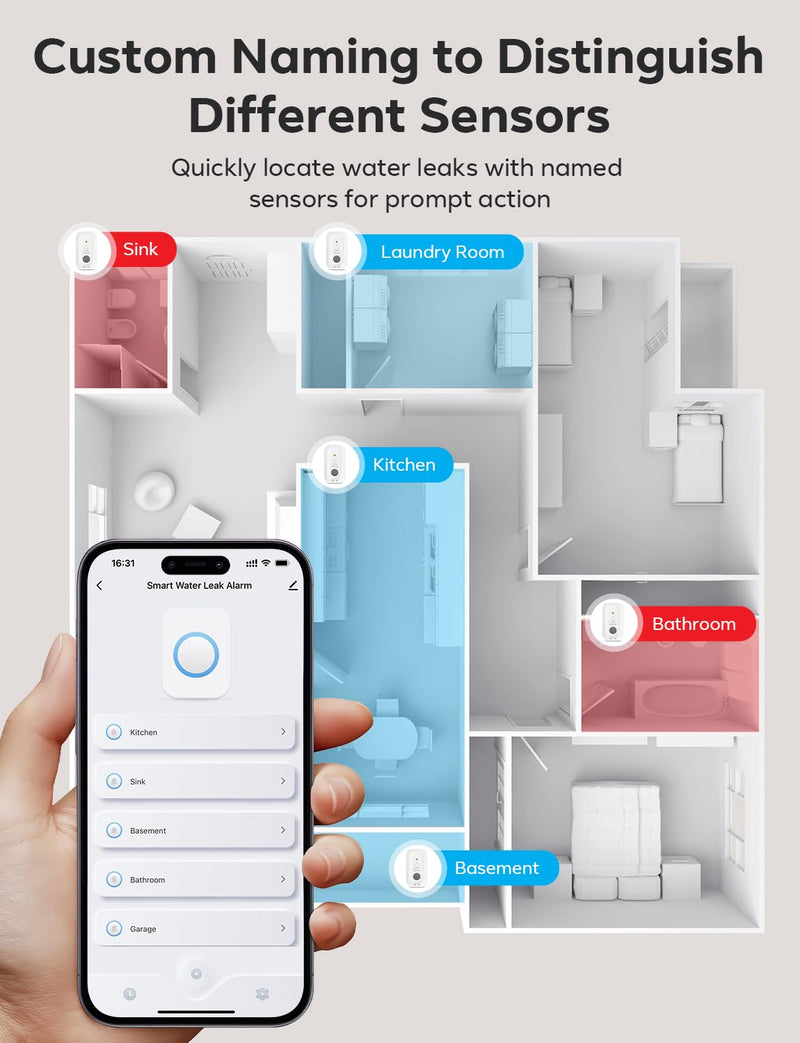 MAXCIO Wi-Fi Water Leak Detector 4 Pack, Smart Water Sensor with 110dB Adjustable Alarm, APP, SMS, Phone Notifications, 1640ft Transmission Range, Suitable for Basement, Bathroom, and Kitchen 4 sensor + Gateway