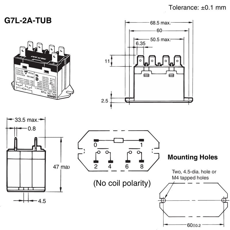 G7L-2A-TUB-CB 100-120VAC Power Relay - 30A 277VAC 6 Pins, DPST Normally Open Contacts, Class B Insulation, QuickConnect Terminal, Upper Bracket Mounting