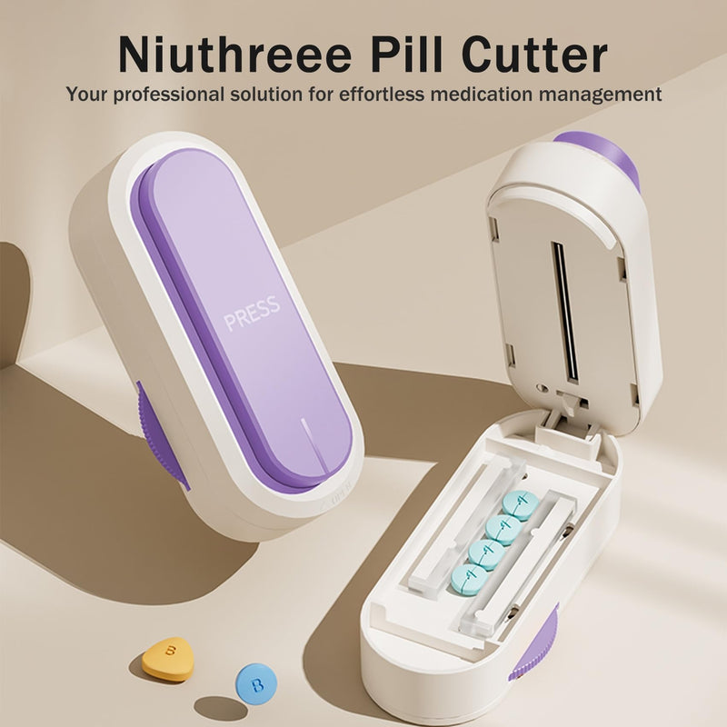 Multiple Pill Cutter - Pill Cutter Splitter for Small Tiny Large Pills Professional | Vertical Press-Down Cutting & Adjustable | Sturdy Blade & Guard | Includes Cleaning Brush (Purple) Purple