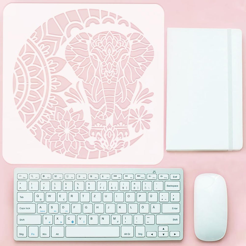 FINGERINSPIRE Moon Mandala Elephant Stencil 11.8x11.8inch Mandala Elephant Painting Stencil Moon Lotus Pattern Stencil Flower Moon Large Stencil Fantasy Theme Decor Template for Wall Tiles Floor