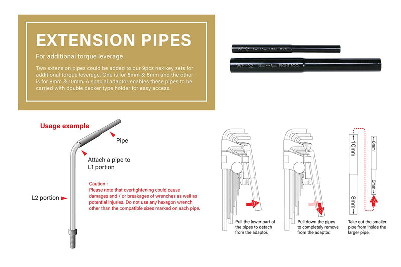 EIGHT TOOL TEL-S9NPRE, RED, TAPER HEAD HEX KEY EXTRA LONG SET, INCH, 9PC 1/16-3/8" W/EXTENSION PIPES