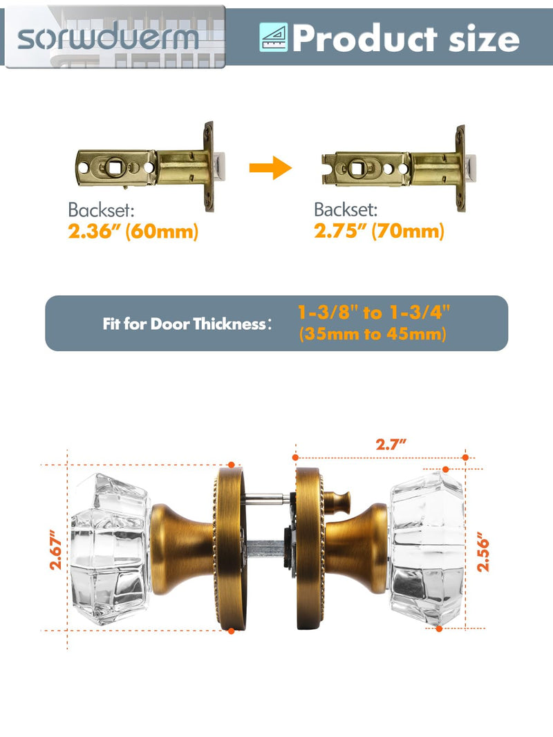 Antique Brass Door Knobs Crystal Door Knob Interior Privacy Door Knob for Bedroom and Bathroom Glass Door Knob,Zinc Alloy 1 Pack Antique Brass-Privacy
