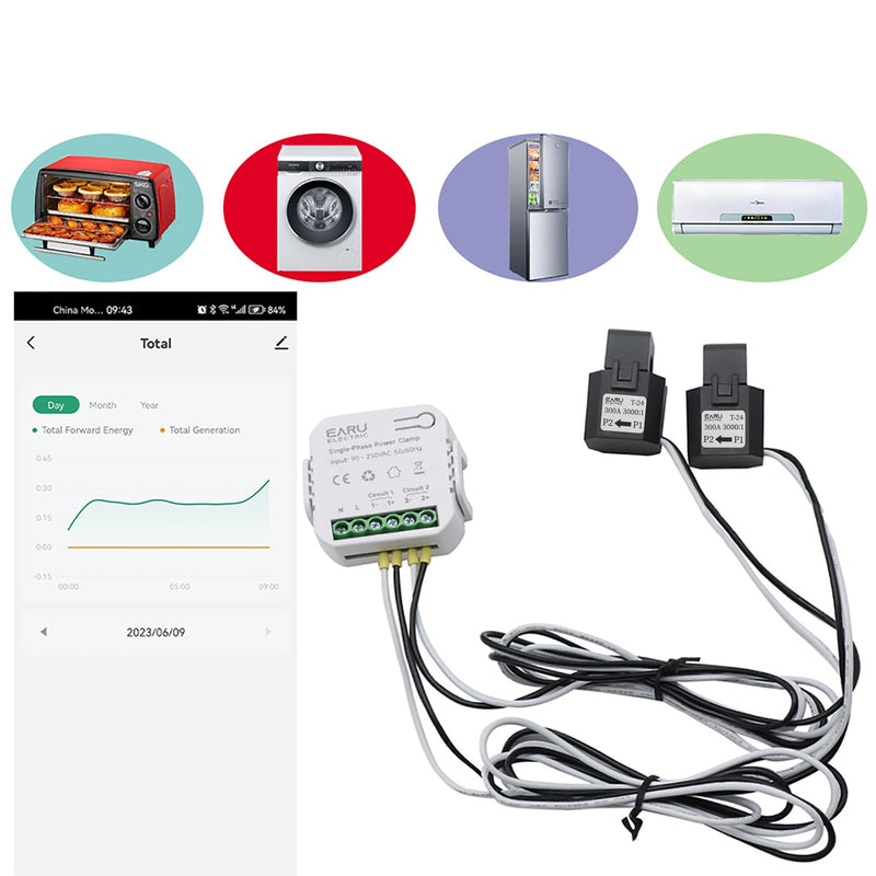 AC110V 220V 300A Tuya App Smart Two-Way Bilateral WiFi Energy Meter with 2PCS 300A 24MM CT Current Transformers Clamps Sensors KWh Power Eenrgy Electricity Consumption Monitor Meter Voltmeter Ammeter 300A(CT Diameter 24MM)