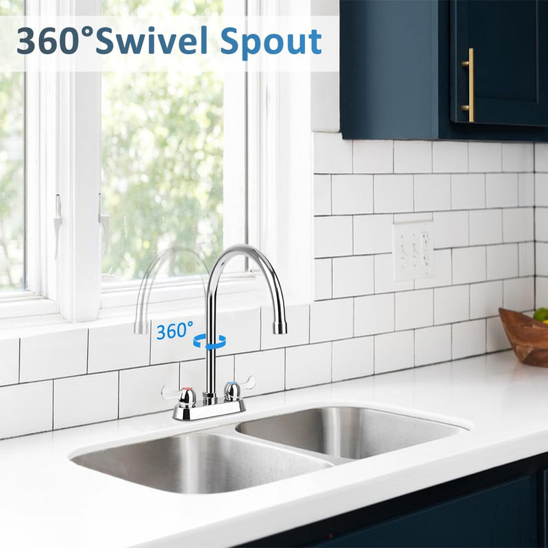 Commercial Bar Sink Faucet with 8" Gooseneck Spout, 4 Inch Center Deck Mount Hand Sink Faucet for Laundry, Restaurant, Utility Sink, Brass Constructed