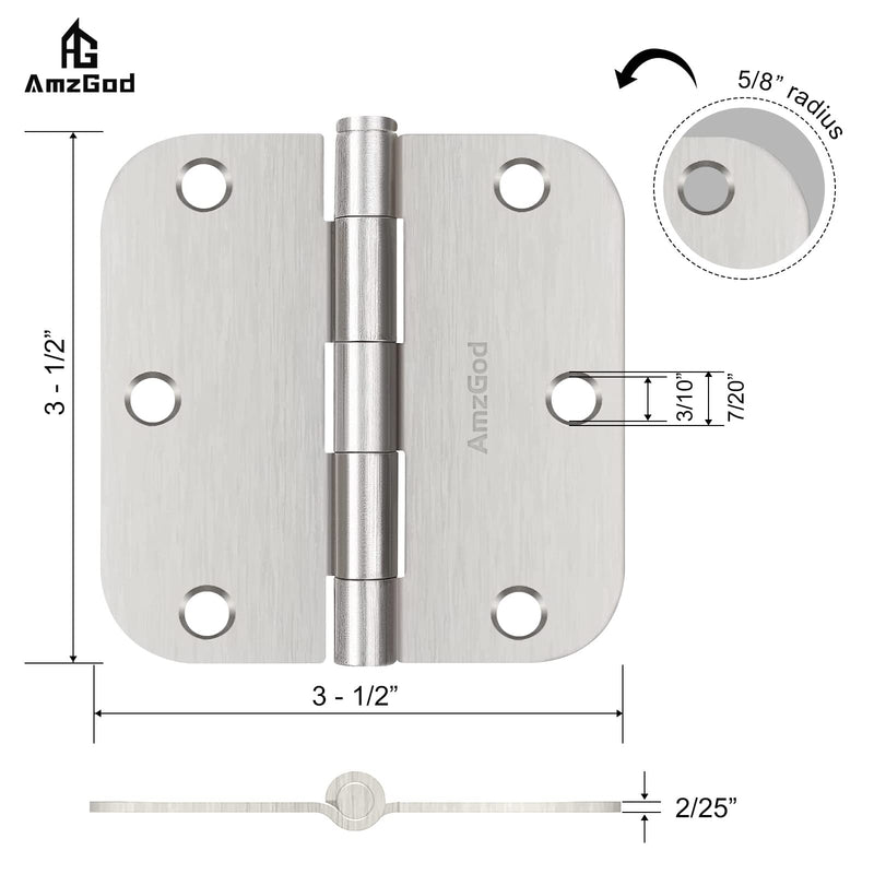 Door Hinges Brushed Nickel - 3 Pack Nickel Door Hinges 3.5 Inch Rounded Interior Satin Nickel Door Hinges with 5/8" Radius - Flat Iron Residential Standard 3 1/2 Inches Silver Door Hardware