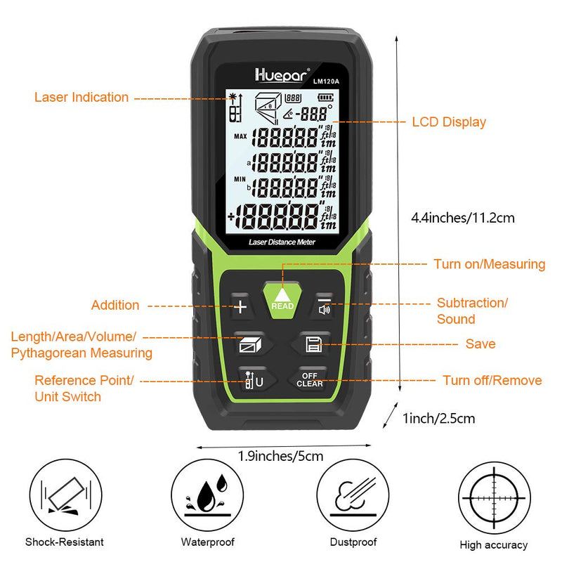 Huepar Laser Distance Meter 393Ft with Li-ion Battery & Electric Angle Sensor, Backlit LCD Laser Measure M/in/Ft with High Accuracy Multi-Measurement Modes, Pythagorean, Distance, Area&Volume 393Ft. Single Red Laser Measure LM120