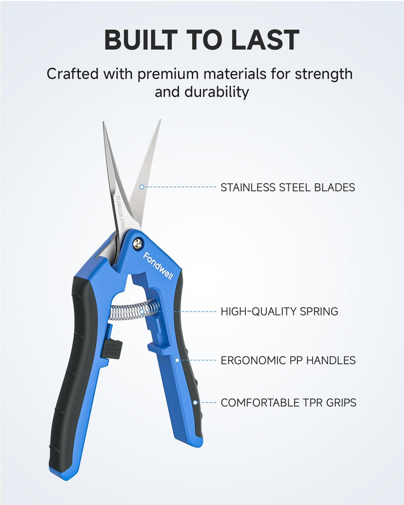 Fondwell 6.5" Pruning Shears Trimming Scissors: Small Garden Snips with Micro Tip - Plant Clippers of High Cutting Efficiency Straight & Curved