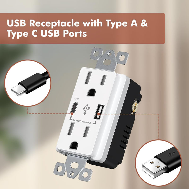 Micmi USB C Outlet PD 45W Power Delivery Decorator Receptacle 4.8A Receptacle, in-Wall Charger with 15 Amp, 125 Volt Tamper-Resistant Outlet Charger (2, White, USB C+A PD 45W) 2
